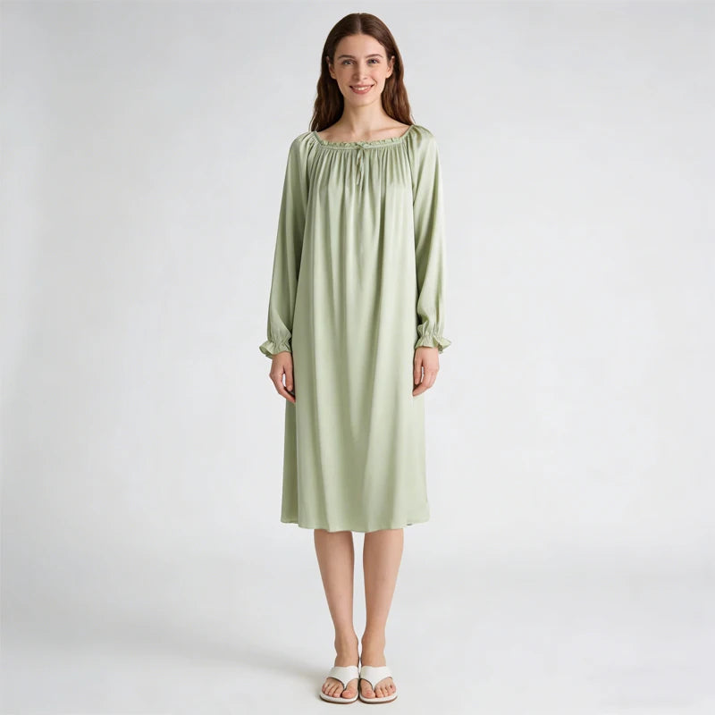 Women's Spring/Summer New 92% Natural Mulberry Silk Elastic Satin Solid Loose Sweet Wind Long Sleeve Home Clothes Nightdress