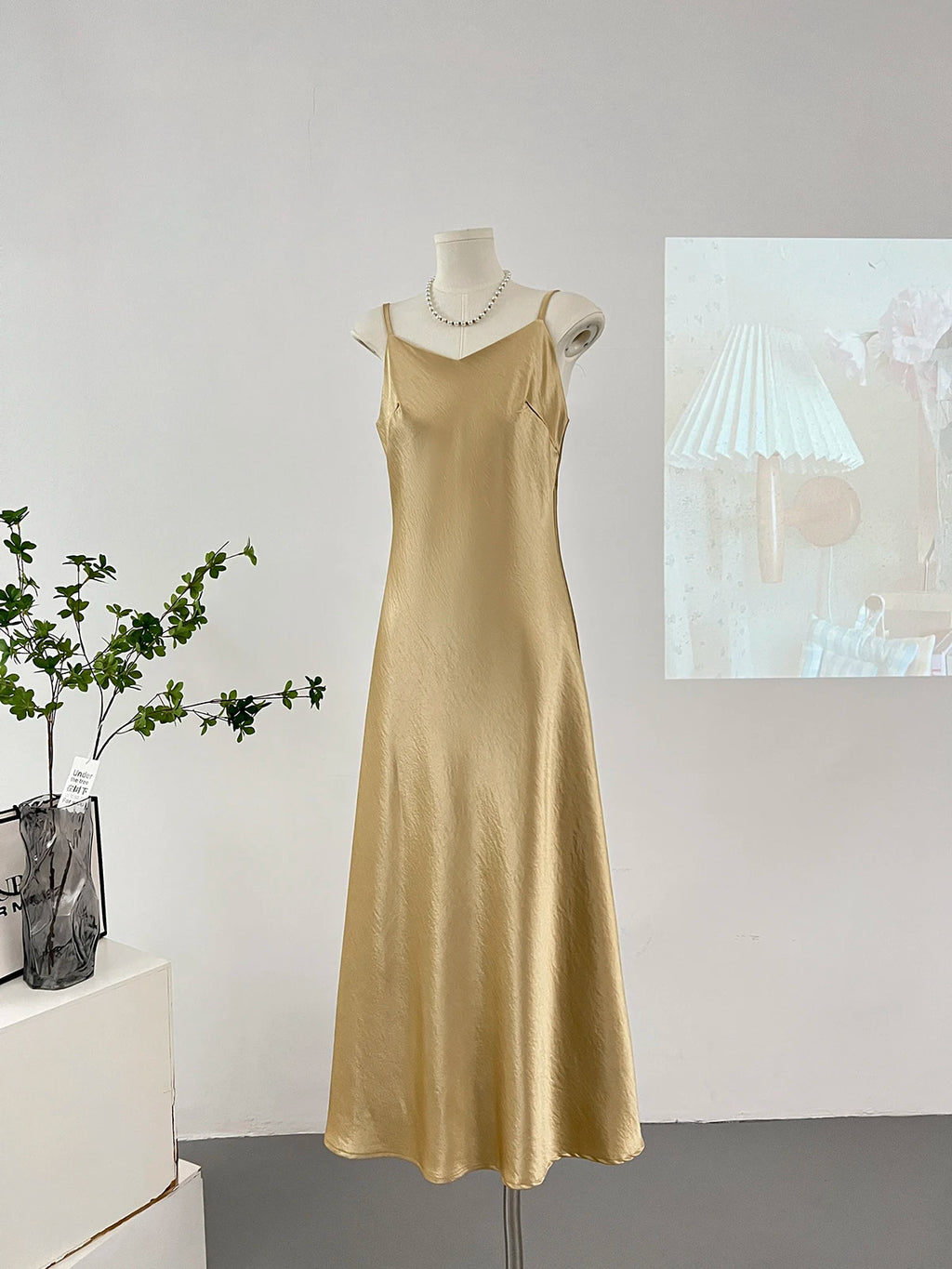 Elegant Women Spaghetti Strap Satin Dresses Summer V-Neck Solid Color Thin Sleeveless Long Dress Women A-Line Dress