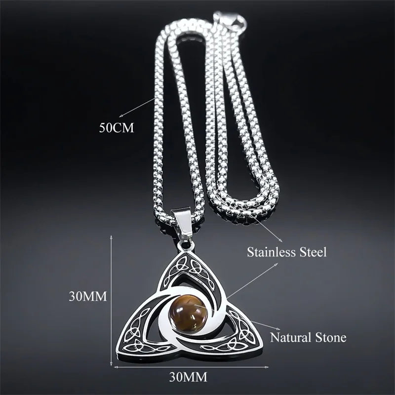 Viking Trinity Knot Necklace For Women'S Men Stainless Steel Tiger Eye Stone Irish Celtic Lucky Amulet Necklaces Jewelry N3806S02