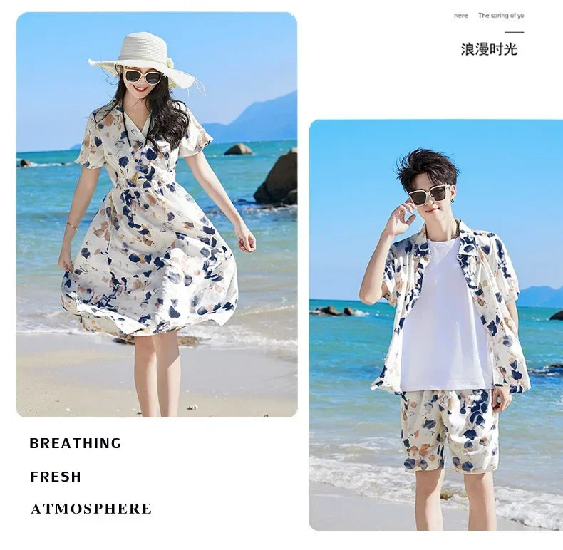 2025 Mom and Daughter Short Sleeve Dress Holiday Summer Family Vacation Look Clothes Dad and Son Shirts Two Piece Outfits Sets