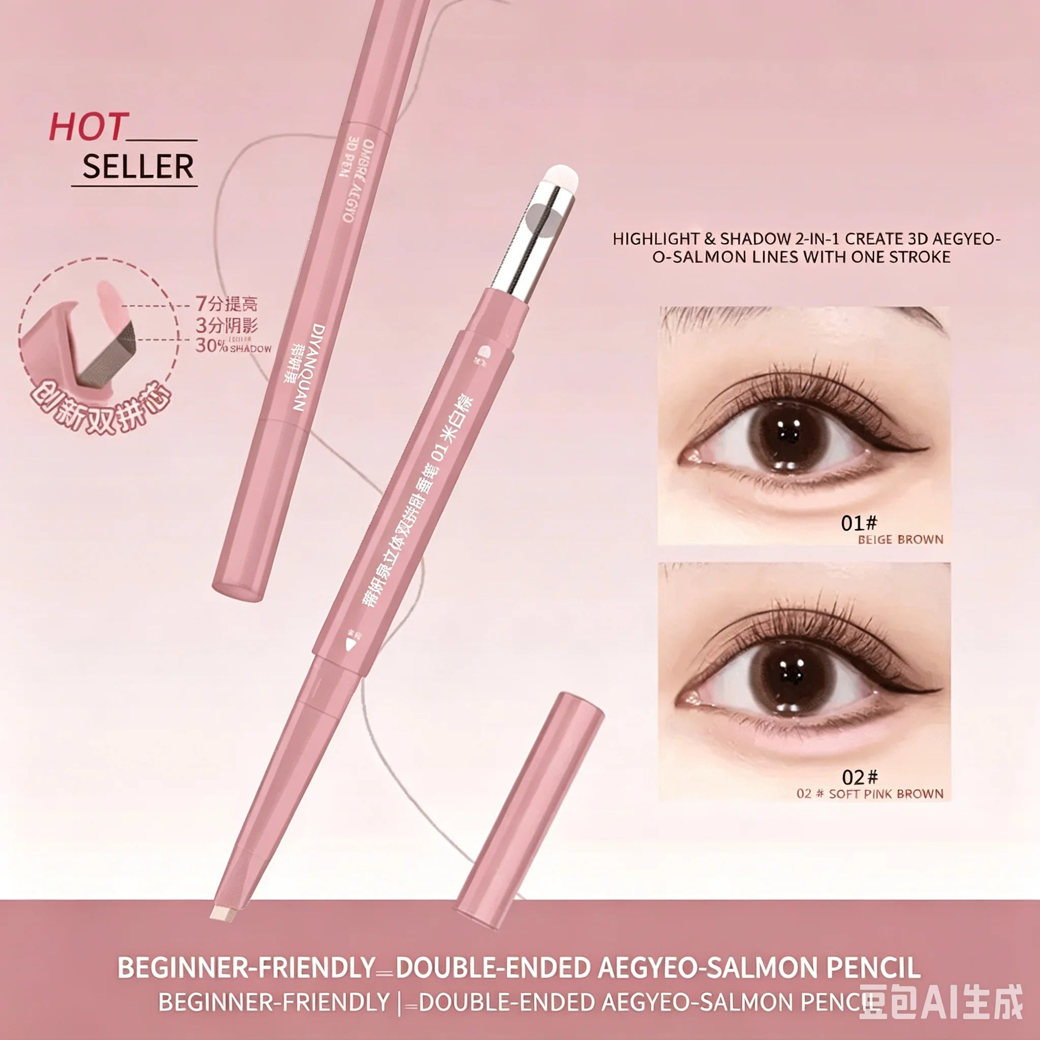 Korean 2 in 1 Ended Lying Silkworm Pen,Bionic Shading Highlighting,Instant Big Eye Effect,Smooth&Smudgeproof&Waterproof,Flat Tip
