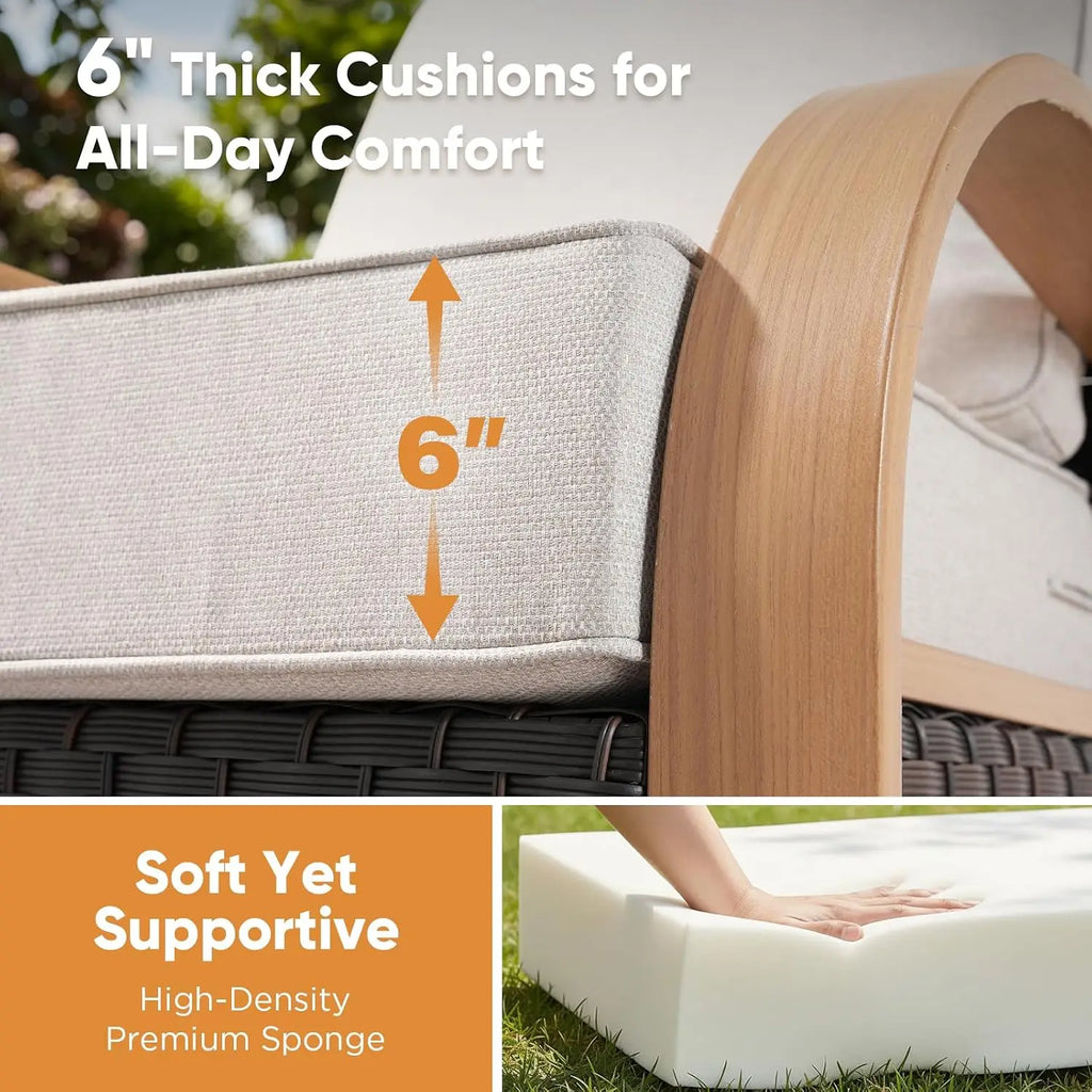 Wicker Patio Sofa Set with 6-Inch Cushions & Ottoman, All Weather 3 Seater Outdoor Furniture for Deck, Wood & Beige, Customized
