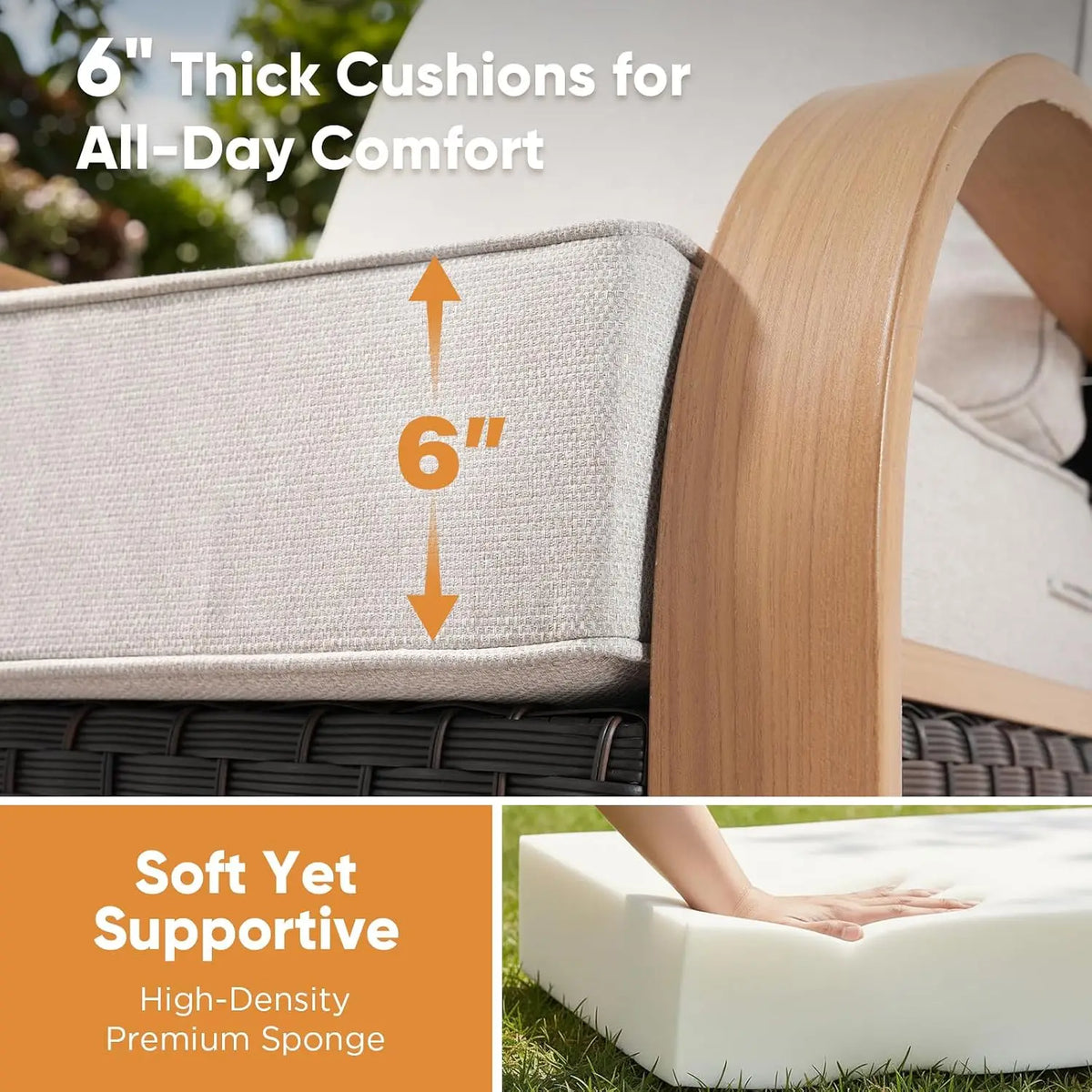 Wicker Patio Sofa Set with 6-Inch Cushions & Ottoman, All Weather 3 Seater Outdoor Furniture for Deck, Wood & Beige, Customized