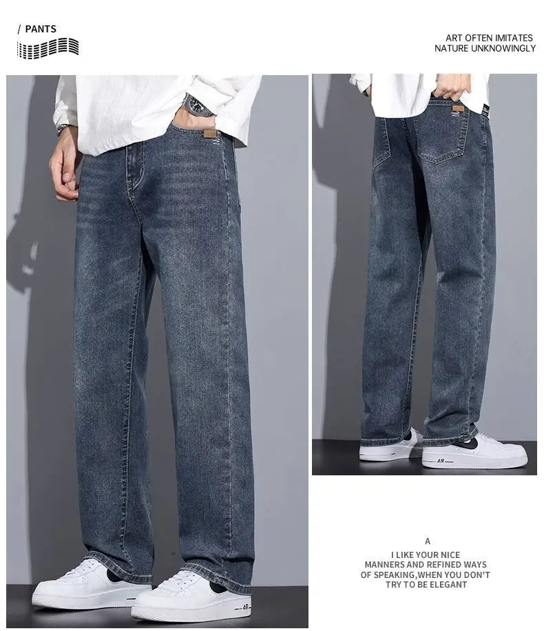 Black Casual Elastic Wide Leg Jeans Men's Loose Straight Fit Jeans Trendy Autumn Winter Long Pants Korean Style Basic Model