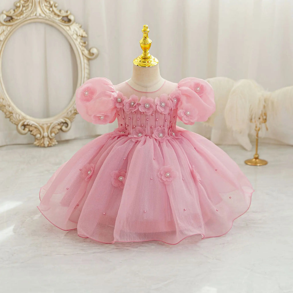 HETISO Summer Infant Baby Girl Dresses Flower Appliques Toddler Kids Birthday Party Princess Wedding Ball Gown