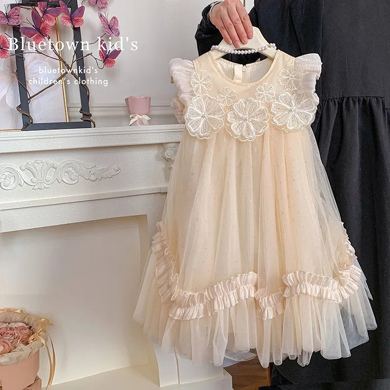 New Summer Kids Girls Lace Tulle Dress Fly Sleeve Ruffle Mesh Princess Gown Wedding Flower Girl Birthday Costume YF900