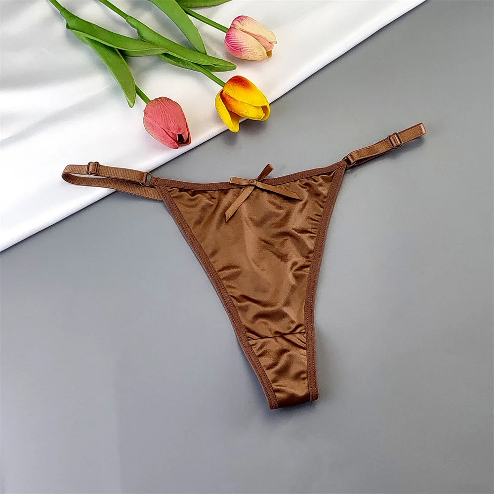 3pcs Sexy Satin Silk Underwear Panties Woman Adjustable Low Waist G Strings Plus Sizes Thong Elastic Waist Culotte Femme