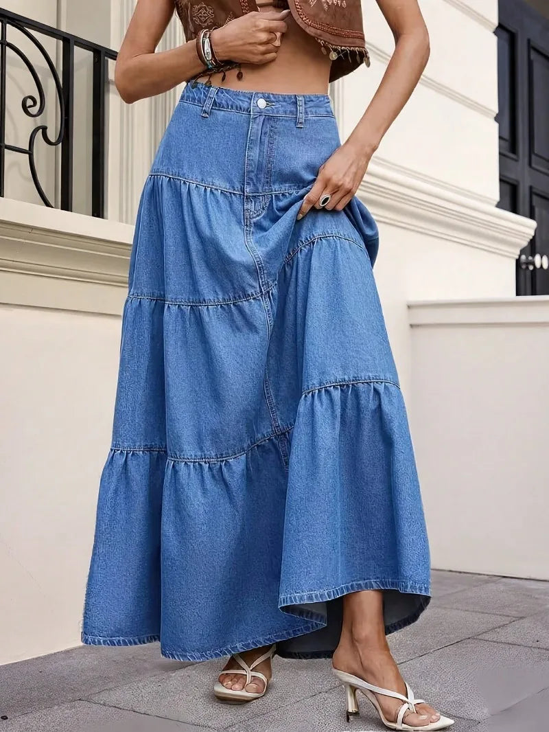 Maxi Skirts Boho Style Cotton Women's Skirt Femme High Waist Denim Skirts Mujer Vacation Bottoms A-line Layered Skirt Streetwear