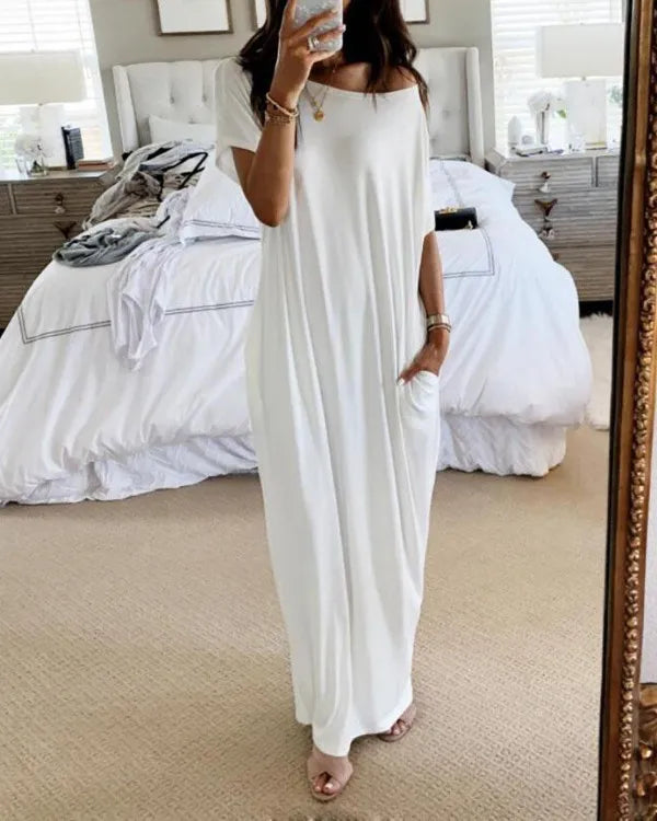 Casual Pure Color Short Sleeve Long Dress Women's Summer New Style Cross-Border TK Loose Waist Milk Fiber Straight Cut Dress