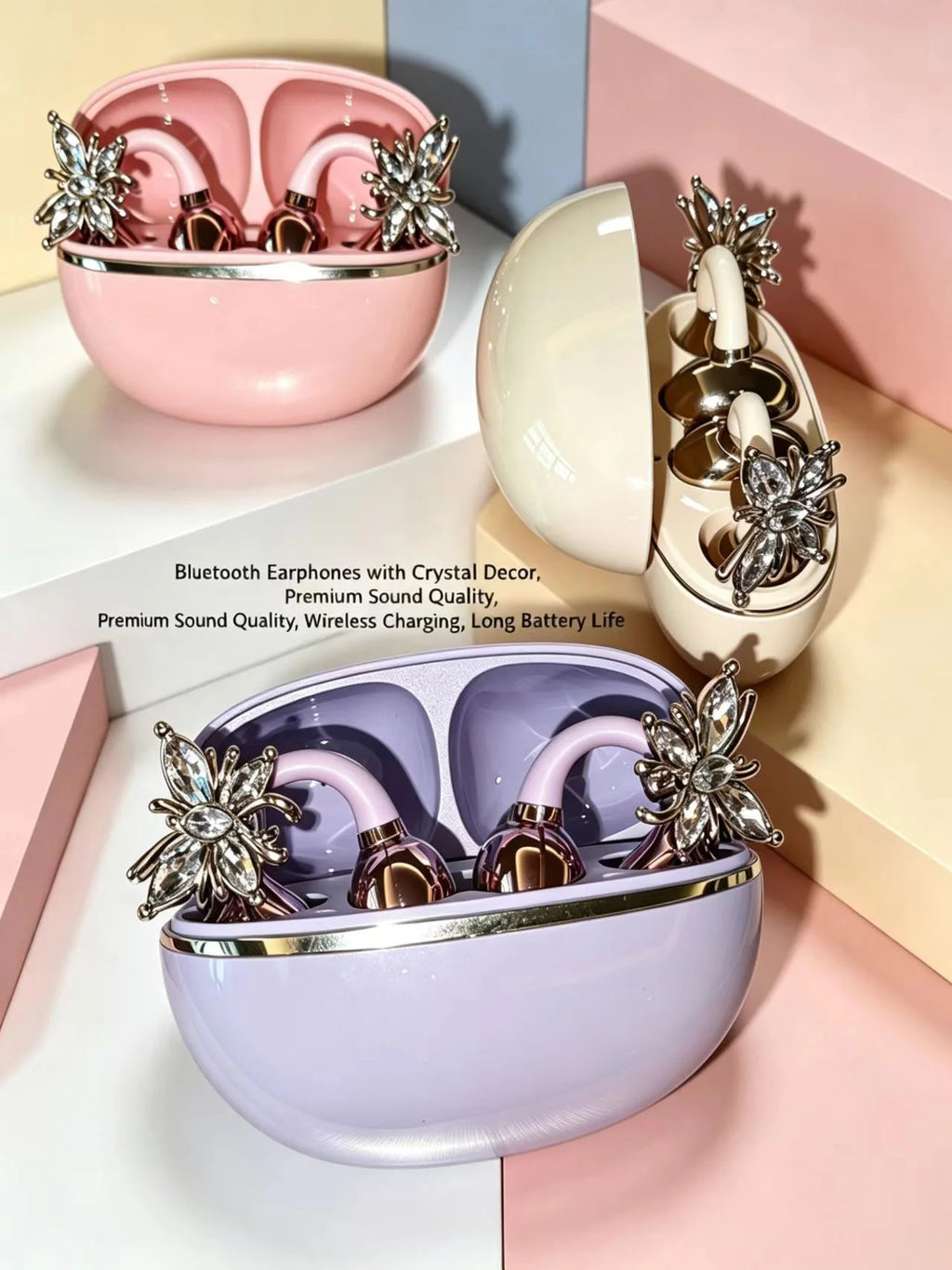 Universal Open Hook Bluetooth Headphones HD Noise Reduction Call Wireless Earphones , Come with Extra Crystal Diamond Butterfly