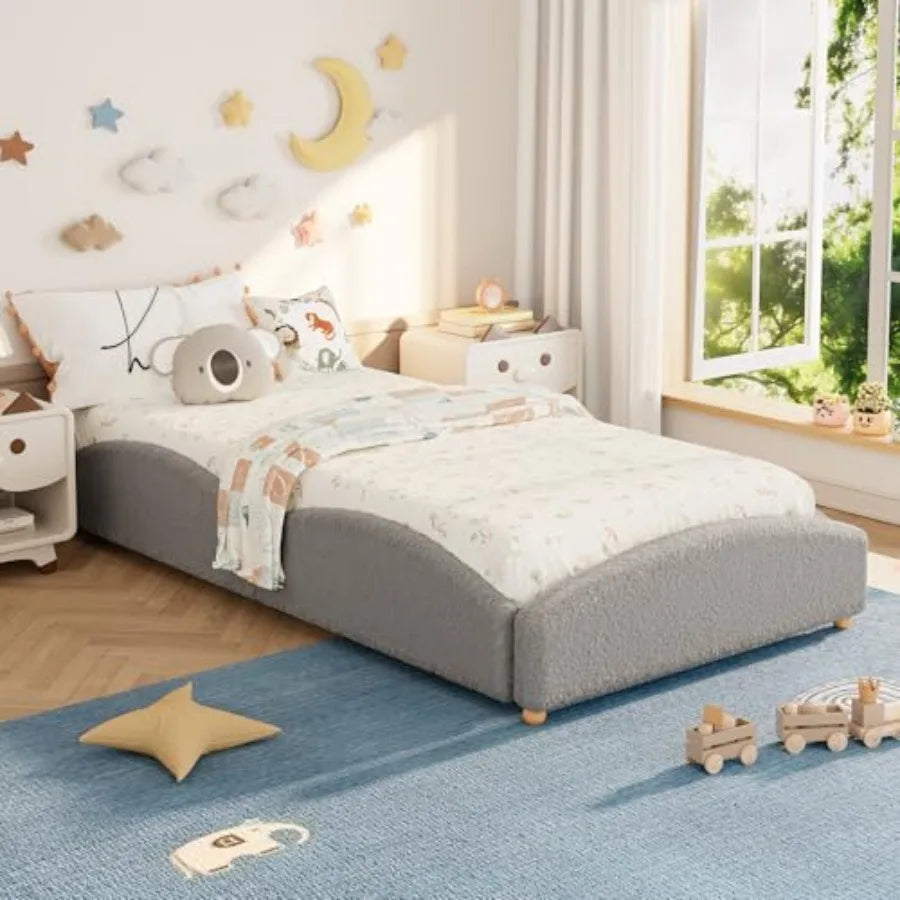Twin Size Bed Frame for,Light Gray Fabric Upholstered with Wooden Slats and Hidden Storage Compartment