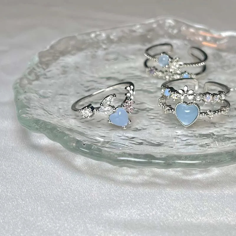 Fashion Blue Opal Heart Rings for Women Kpop Punk Gothic Open Flower Rhinestone Finger Rings Wedding Party Trendy  Jewelry