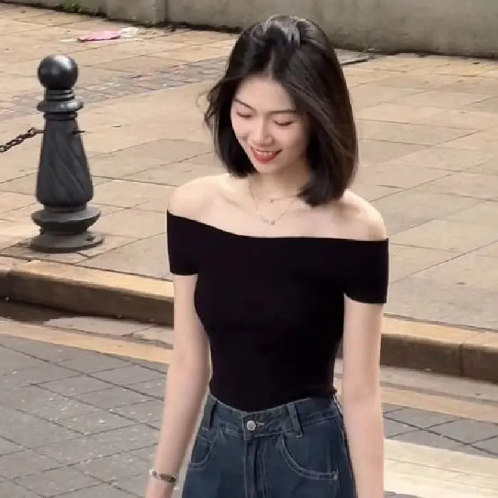 Shoulder Bared Knitted Short Sleeve T Shirt Women's Style Summer Edition Slim Fit Black Color Commute Fashion Creative Pattern