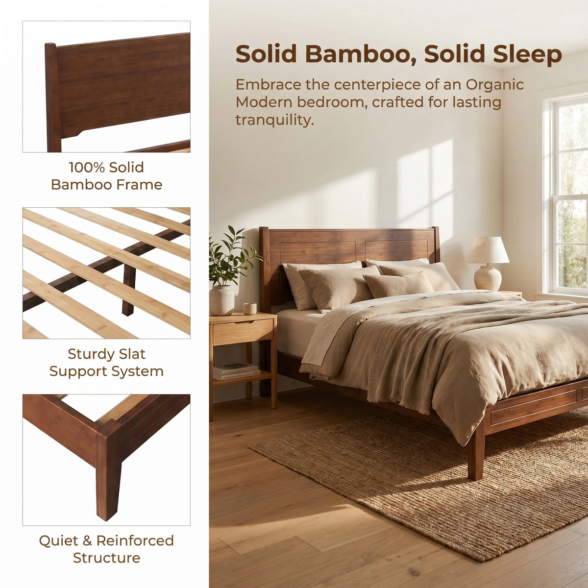 Solid Bamboo Bed Frame (Queen & King Size) – 800LBS Heavy Duty Platform Bed, No Box Spring Needed, Eco-Friendly Modern Minimalist Bedroom Furniture