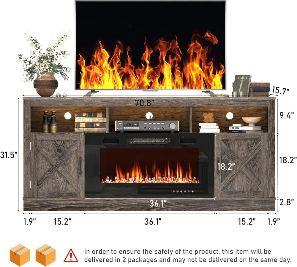 Fireplace TV Stand for 70/75/80 Inch TV, 32”Tall Entertainment Center w/ 36”Electric Fireplace and LED Light, 70”Media Console