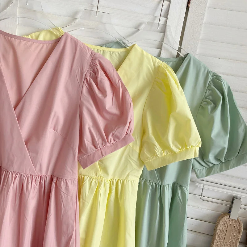 Retro Elegant  Color V-neck Bubble Sleeve Waist-cinching Slimming Casual Lace Trim Dress Women Summer Midi Dress