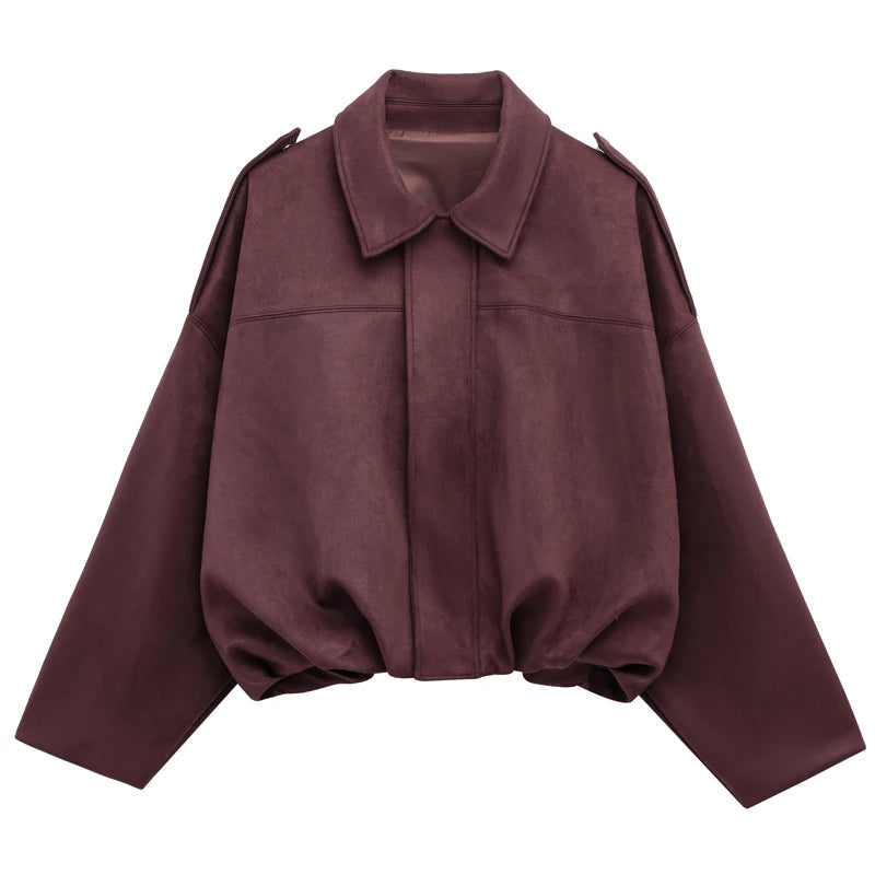 Women's Suede Bomber Jacket - Cropped Loose Fit Zip-Up