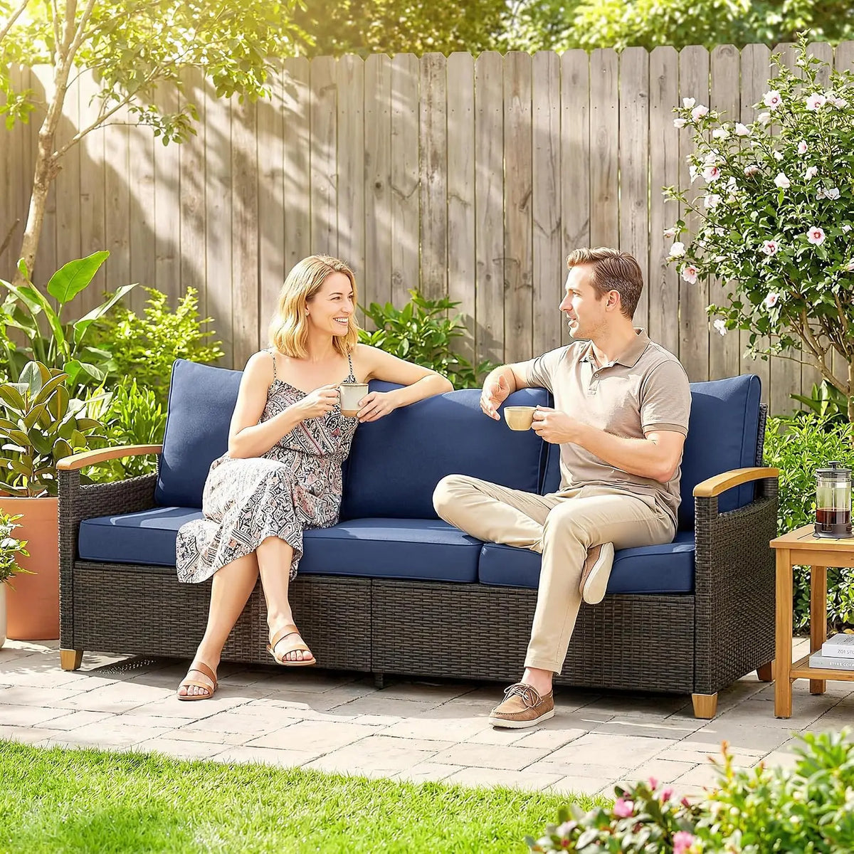 3 Seater Outdoor Wicker Sofa with 4" Foam Cushions for Patio Garden, Customized
