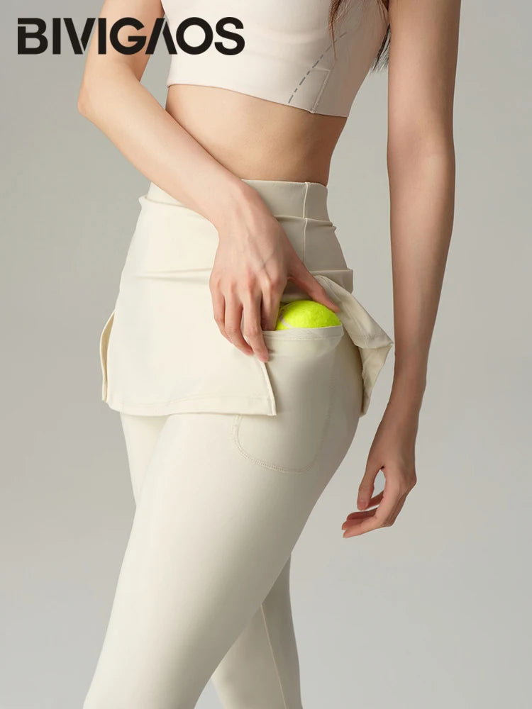 BIVIGAOS Fake Two-Piece Split Skirts Leggings Women Tennis Skirt Built-In Pockets Tight Sports Fitness Yoga Sharkskin Leggings
