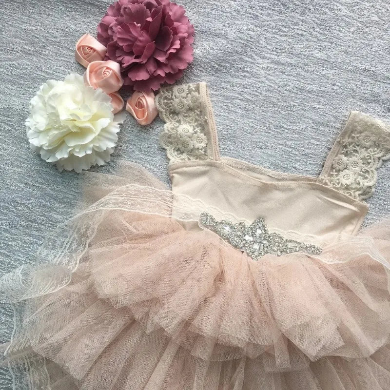 Flower Girl Lace Tulle Dress Elegant Princess Weddings Birthday Party Costumes for 3m To 7y Girls Baptism Festival Ball Gown