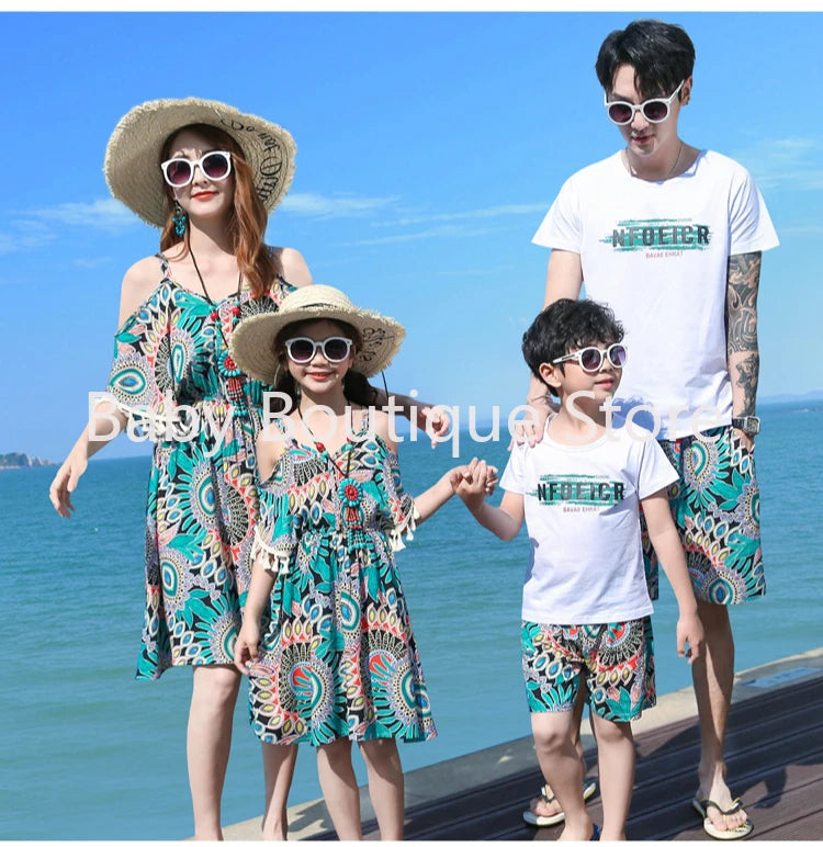 2025 Elegant Floral Girls Dress Family Matching Summer Outfit Off-Shoulder Midi Boho Dress Boys Set Fashionable Beach Vacation