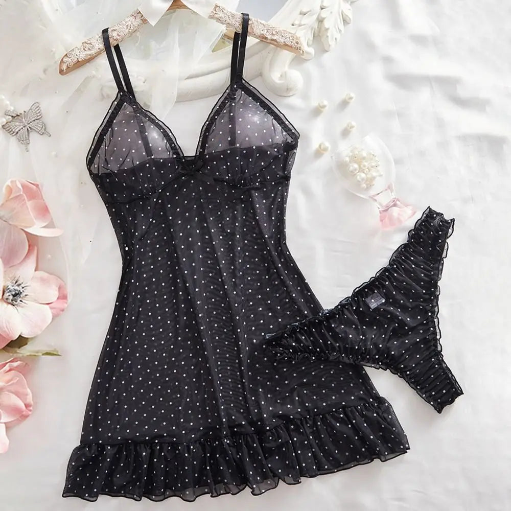 Home Wear Polka Dot Sweet Nightdress Transparent Mesh Sheer Nightwear Skirt Ruffle Hem V Neck Sleeveless Nightgown Women