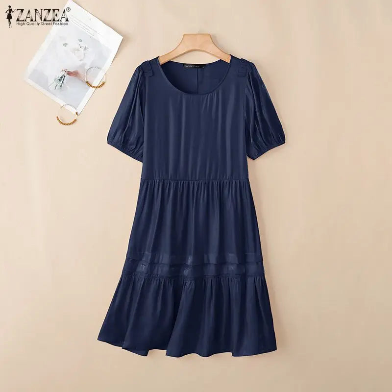 Fashion Summer Sundress ZANZEA Women Casual Short Sleeve O Neck Dresses 2026 Eleagnt Solid OL Work Dress Holiday Pleated Vestido
