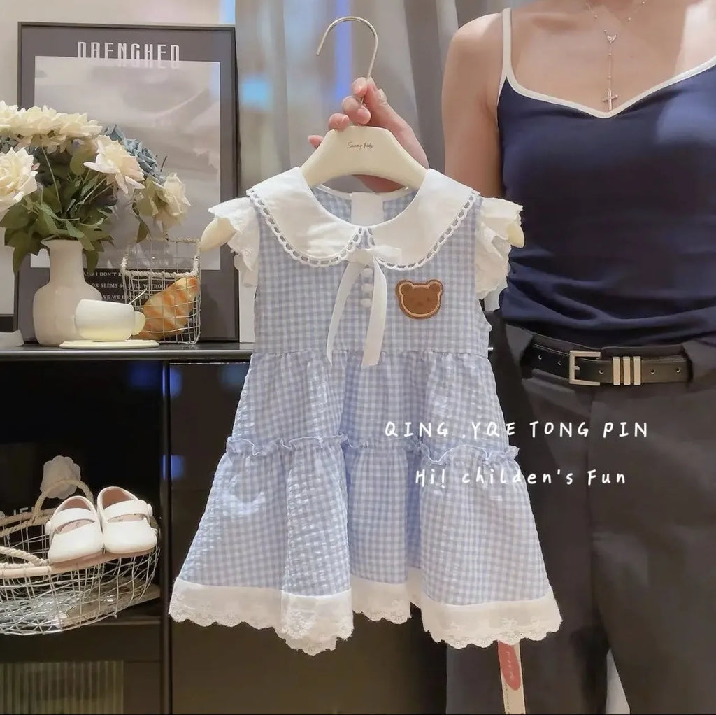 Somenie Girls Summer Home Dresses Kids Fashion Plaid Daily Casual Dress Cute Embroidery Bear Label Baby Outing Clothes