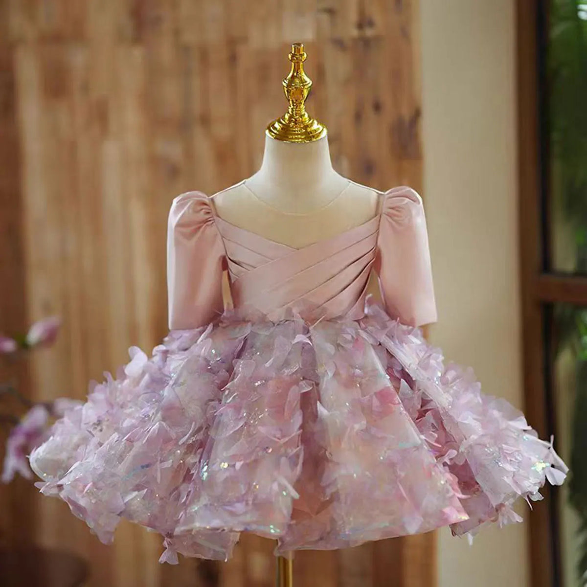 Dreamy Vow J482 Beautiful Sequined Pink Girl Dress Half Sleeves Accented for Kids Event Spring Summer Knee Length Ball Gown