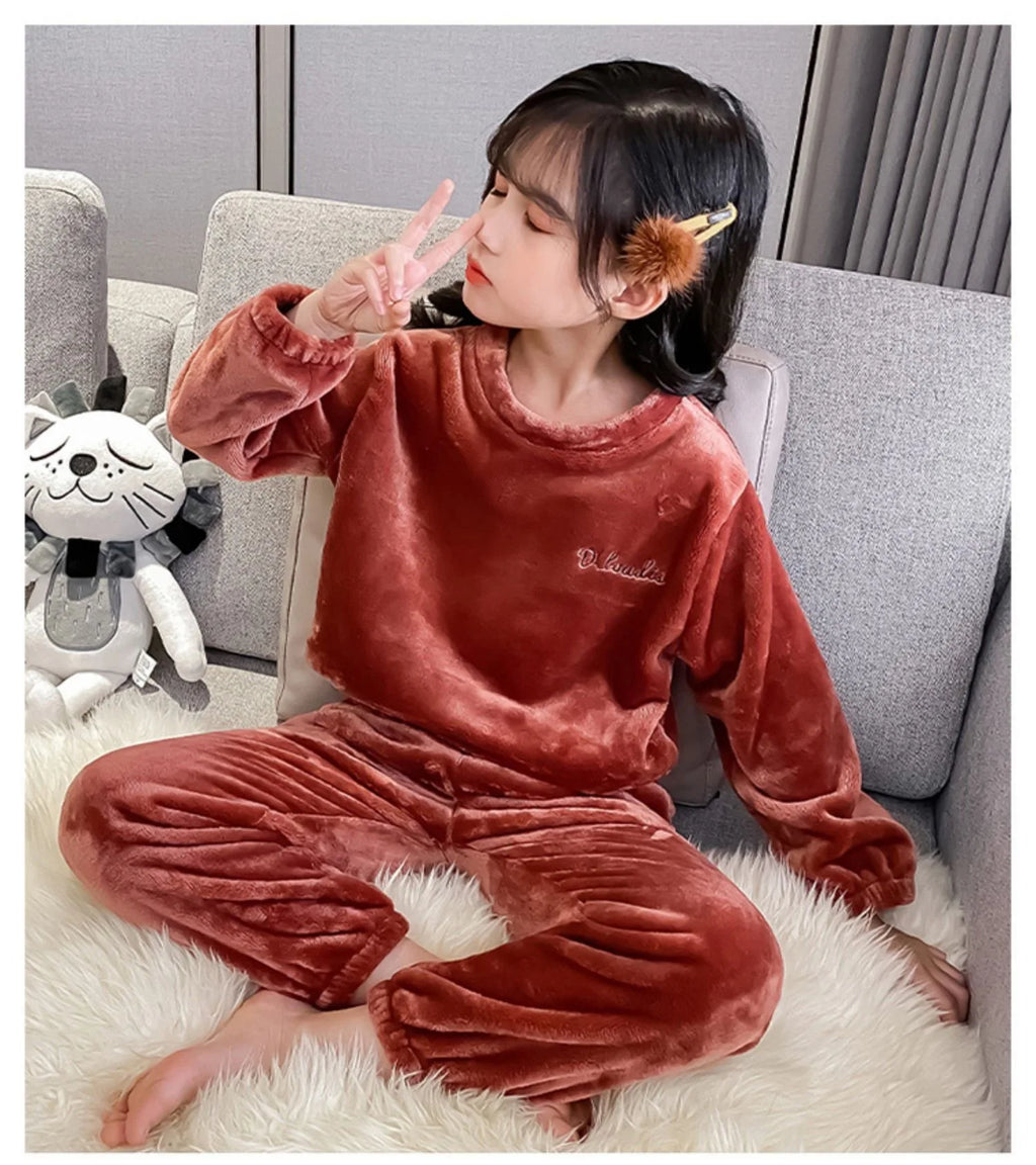 2pcs Boy Girl Kids Fall Winter Sleepwear Toddler Children Baby Coral Fleece Warm Sweatshirt Pant Set Flannel Pajama Pullover Top