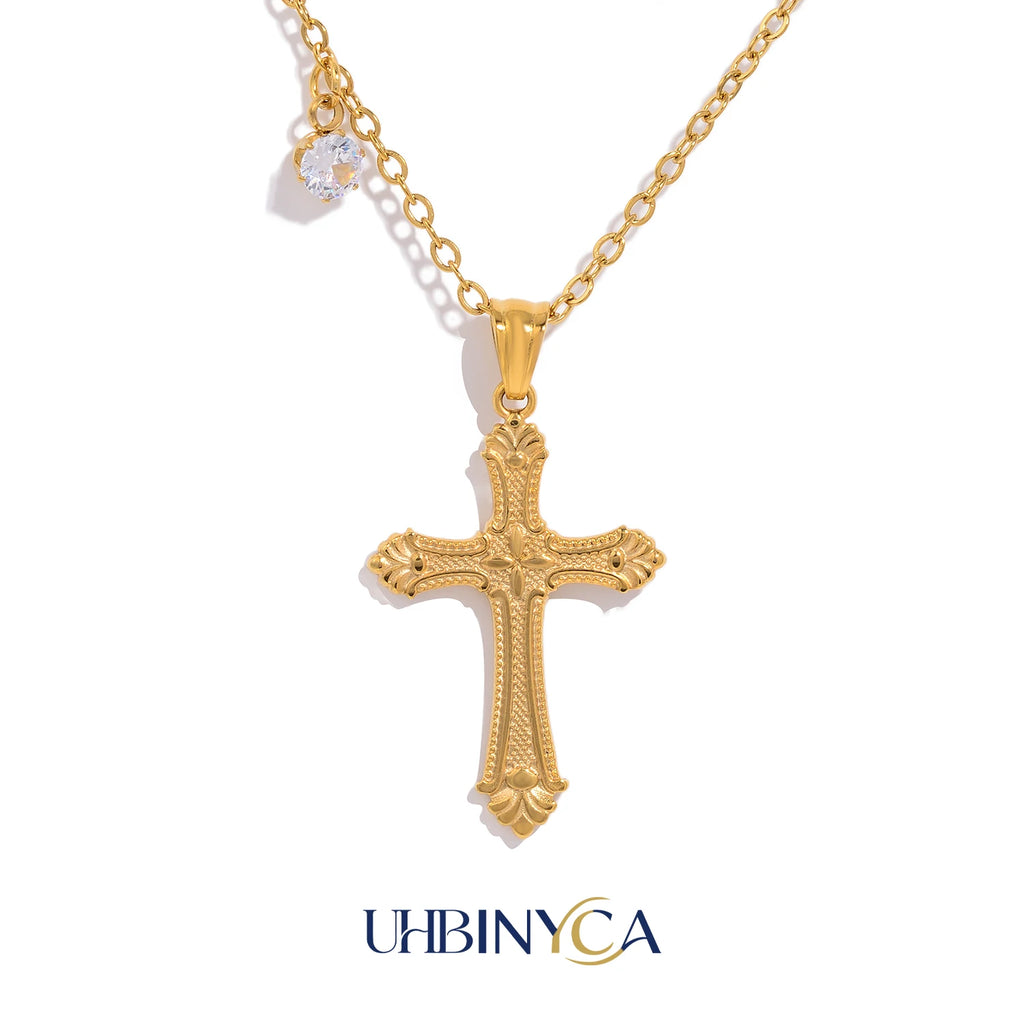 Cross Pendant Necklace For Women'S, 18K Gold Plated Stainless Steel, Hypoallergenic Waterproof Fine Jewelry