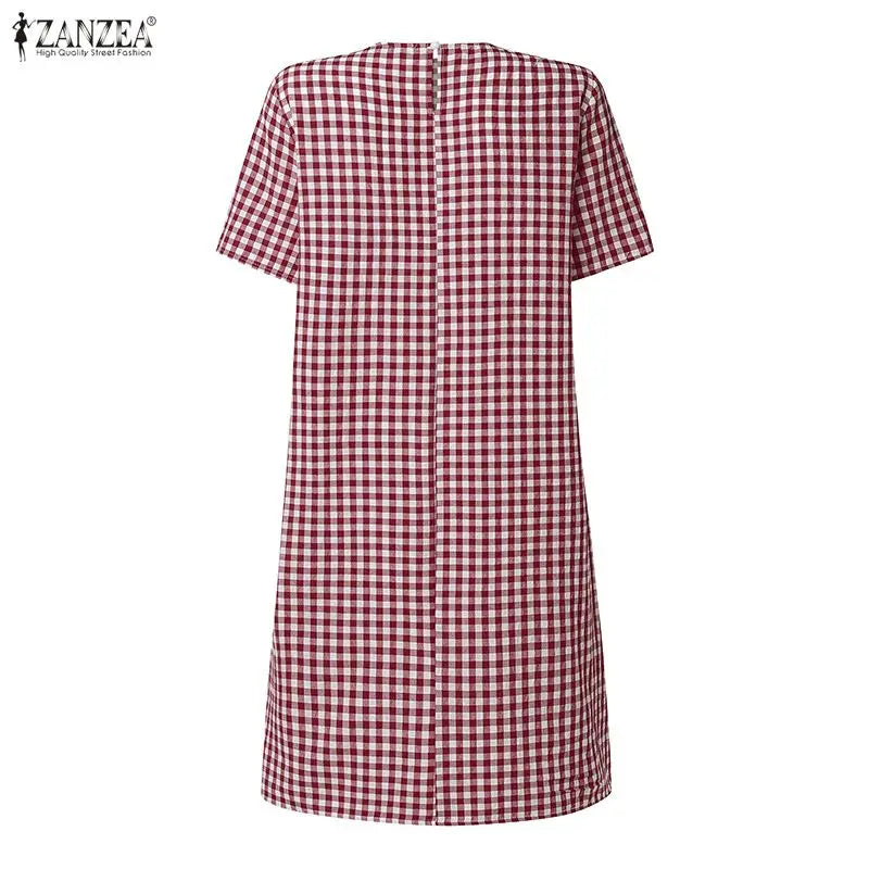ZANZEA Women's Vintage Gingham Short Sleeves Dresses O-Neck Knee-Length Dress 2026 Summer Daily Casual Commute Robes Femme