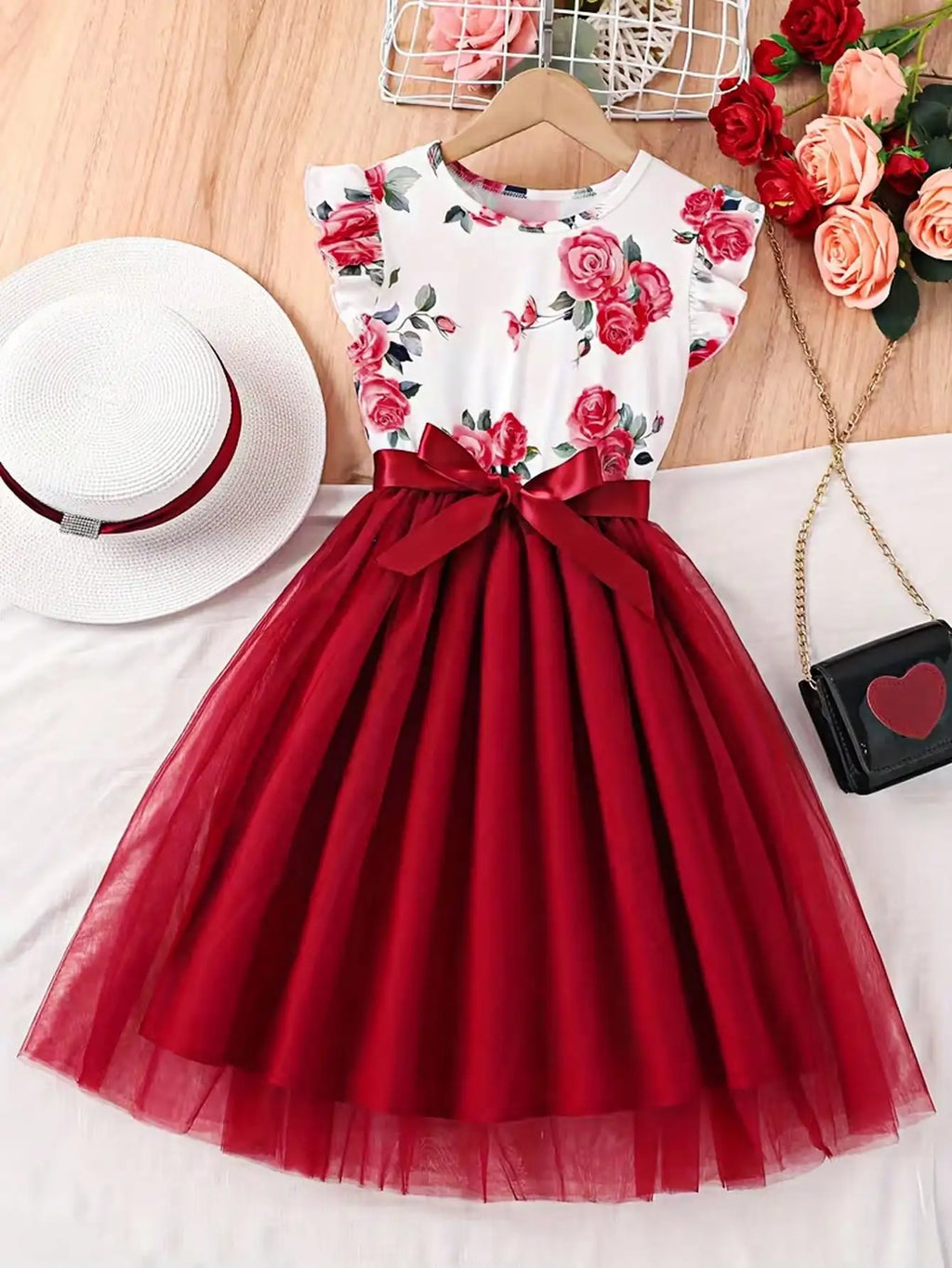 Summer 2026 Children's & Women's Cute Plush Dress with Small Flying Sleeves Round Neck Print Design New Collection