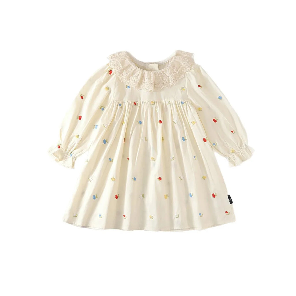 Children Girl Vintage Dress Spring Autumn Lace Turn Down Collar 2-8Y Princess Dress Fragment Flower Long Sleeve Baby Girls Dress