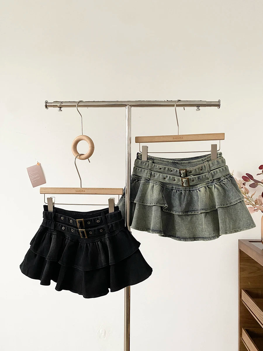 Low Waist Denim Skirt Women's Spring 2026 New Style Double Belt Anti-Light Short Skirt Casual High Waist Polyester Fiber