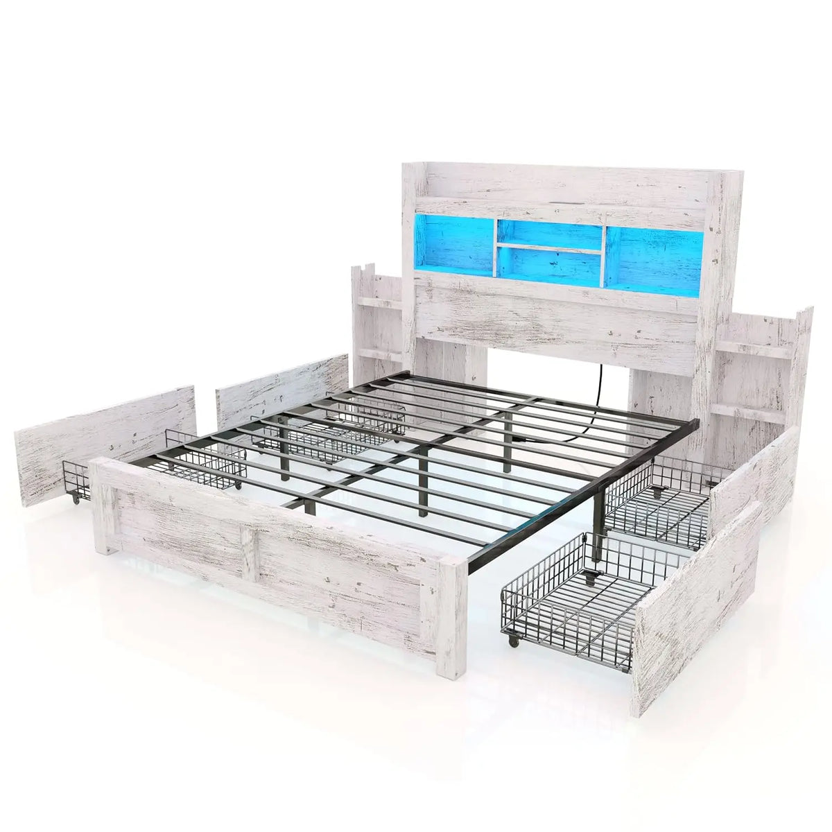 White Queen Storage Bed Bookcase Headboard Charging Station 4 Drawers Wood Platform No Box Spring, Customized