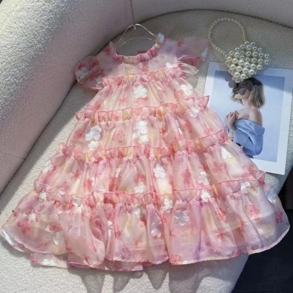 Summer New Pink 3-7 Year Old Girl Casual Clothes Round Neck Lace Floral Puff Cake Princess Sleeveless Dress Sweet Birthday
