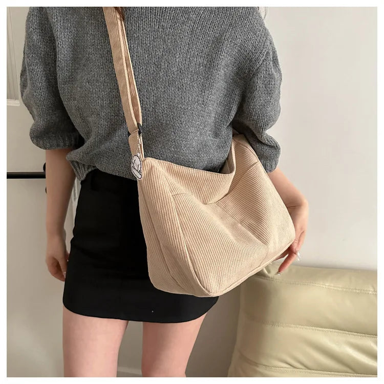 Women’s Corduroy Shoulder Bag, Casual Striped Large Capacity Tote with Zipper Closure, Cute Hat Patch, Perfect for Everyday Use