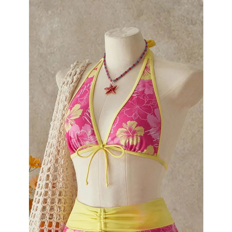 Elegant Floral Color Block Swimsuit Women Triangle Halter High-Waist Bikini Set Cover Up Skirt 2026 New Micro Bikini Three-Piece