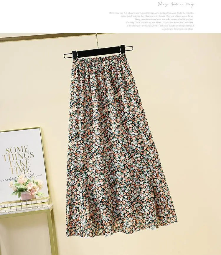 High Waist A-Line Floral Print Skirt Conceals Hip plus Size Women's Casual Long Skirt Comfortable Polyester Fabric Summer New...
