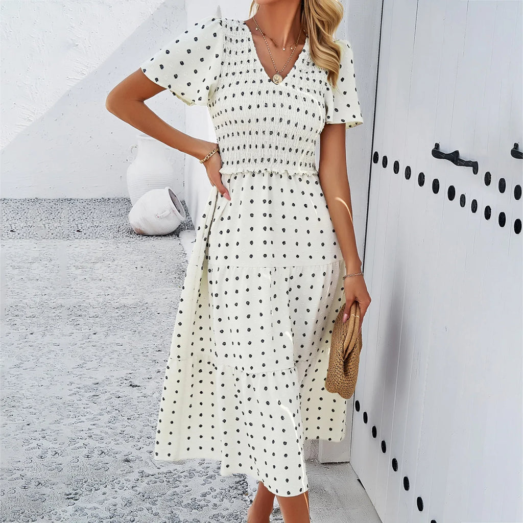 Summer Women's Casual Polka Dot Long Dress Vacation Boho Short Sleeve Solid V-neck Beach Sundress Elastic Waist Midi Dresses