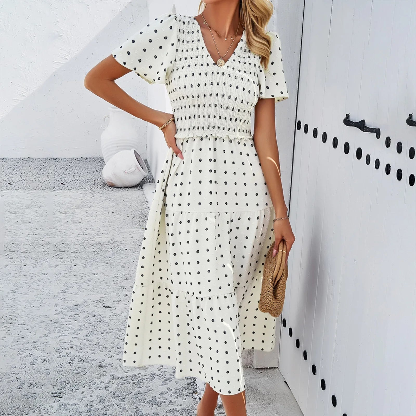 Summer Women's Casual Polka Dot Long Dress Vacation Boho Short Sleeve Solid V-neck Beach Sundress Elastic Waist Midi Dresses