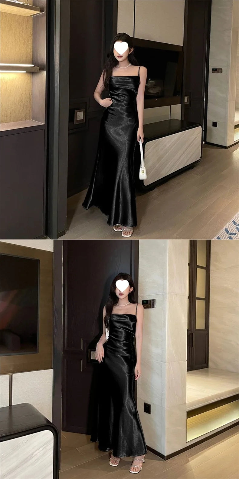 Elegant French Style Sling Satin Wrap Waist Slimming Long Dress Women's Fashion 2026 New Knitted Fabric Midi Skirt Dress