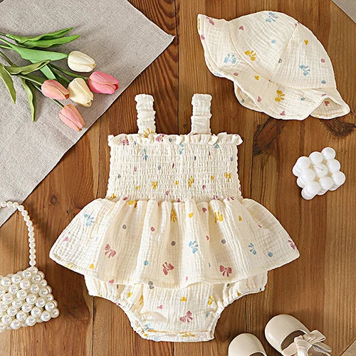 Baby Girl Sleeveless Romper and Hat Set - Cotton Print, 0-24M