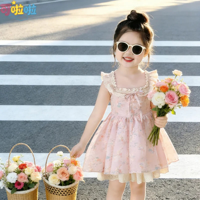Girls' New Summer Korean Style Floral Print Sweet Princess Dress with Small Flutter Sleeves and Lace
