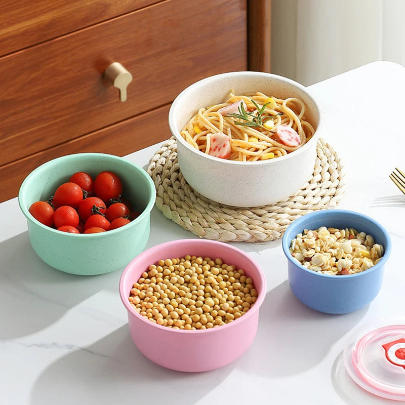 Three piece set of wheat straw preservation bowl with lid, household microwave plastic round lunch box