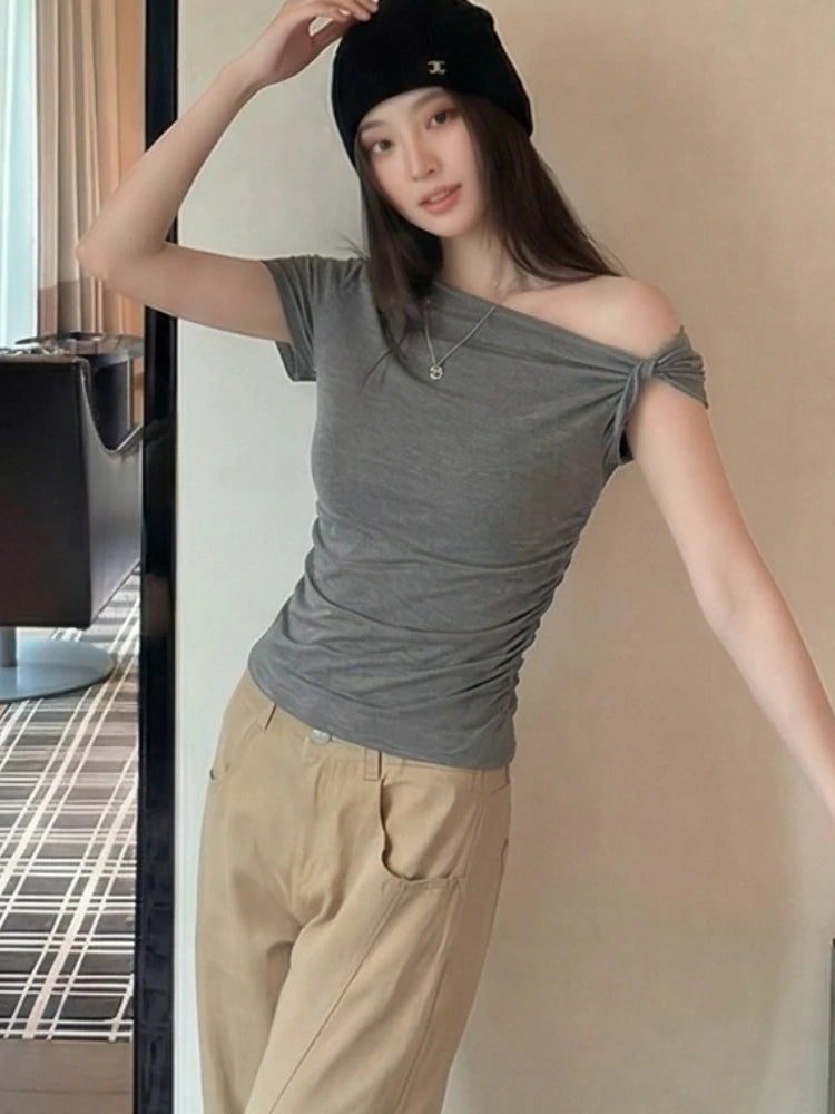 White Diagonal Shoulder Short Sleeve Crop Top 2026 Summer Solid Waist Pleated Women T-shirt Korean Style Minimalist Slim Tee