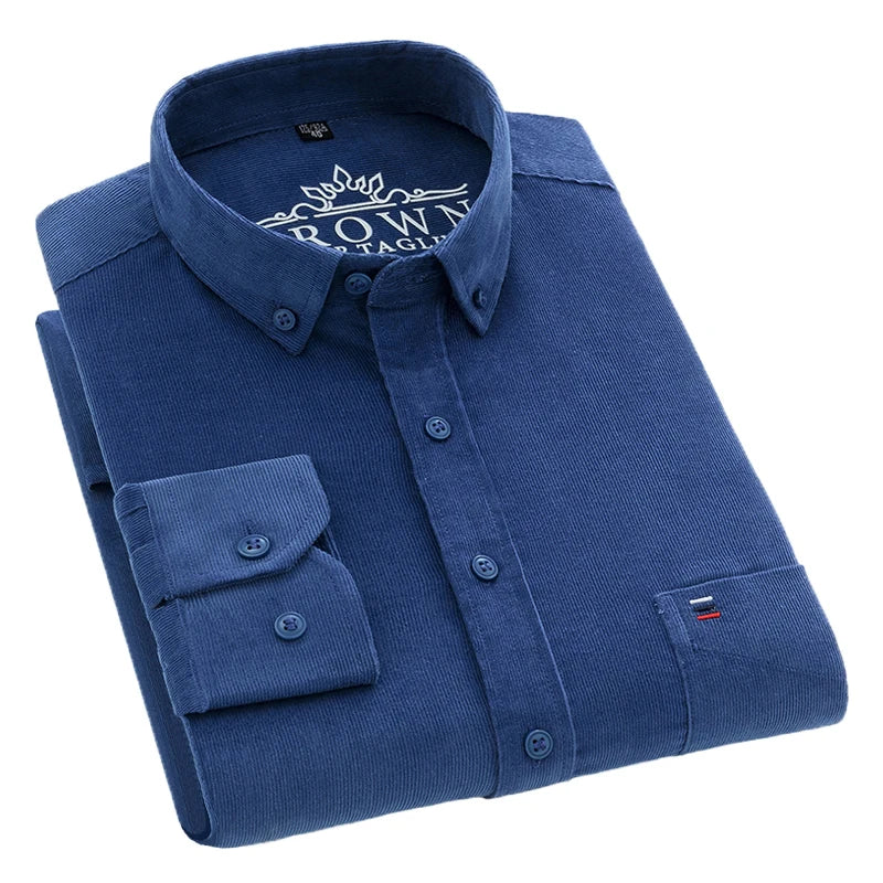 Autumn Winter Men Long Sleeve Regular Fit Business Solid Corduroy100% Cotton Casual Shirt For Mens Office Shirts With Pocket