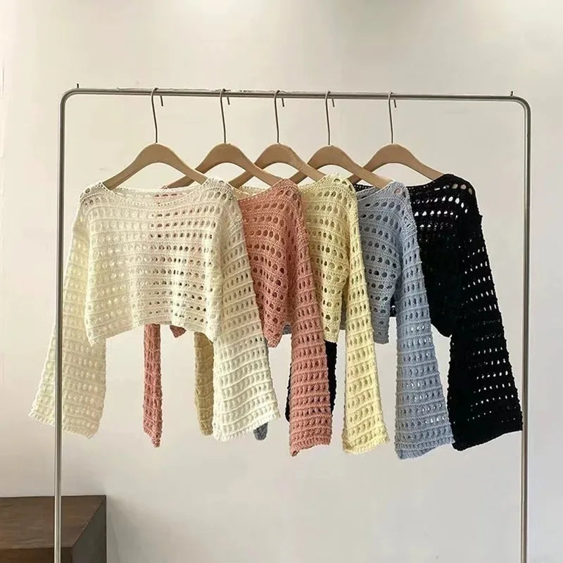 Long Sleeve Crochet Knit Top Summer Beach Bikini Cover Up Crop Pullover Wool Knitwear Blouse Women Vacation Boho Outfit