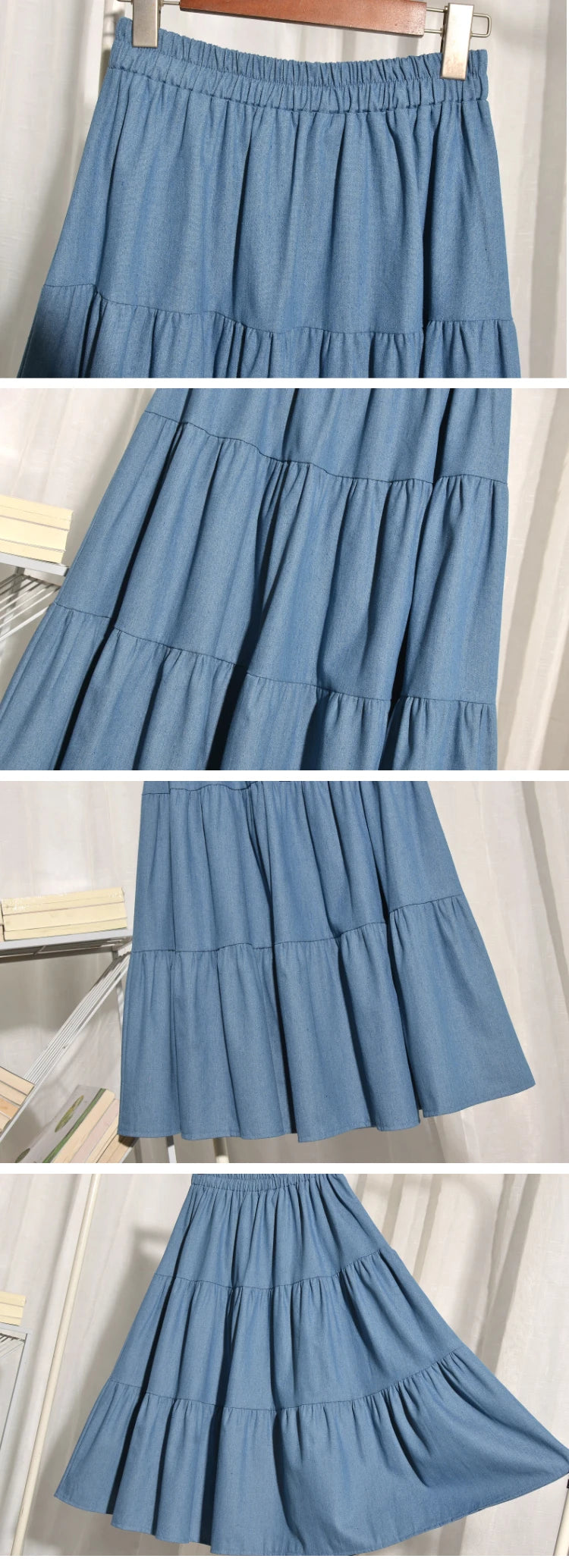 Summer Cake Splicing Denim Skirt Women's A-Line Midi Retro Elastic Waist Slimming Fat MM Light-Colored Skirts Korean Sle Hi...